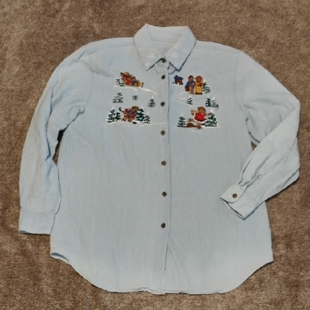 Vintage Teddy Bear Winter Scene Chambray Embroidered Shirt